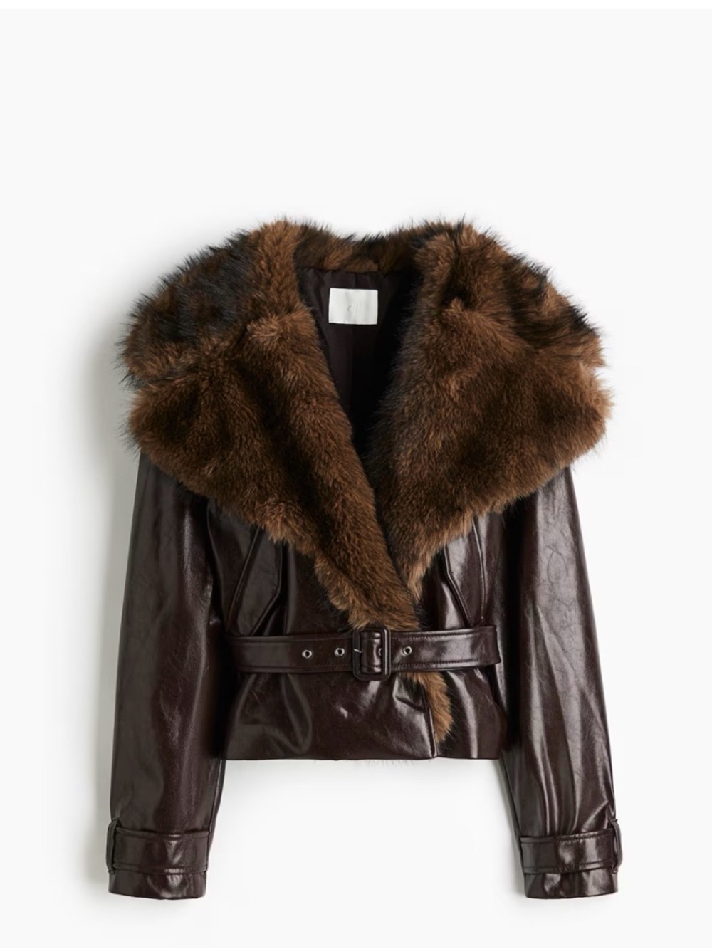 🤎 H&M Dark Brown Leather Jacket with Brown Faux-Fur Collar/Sold out everywhere